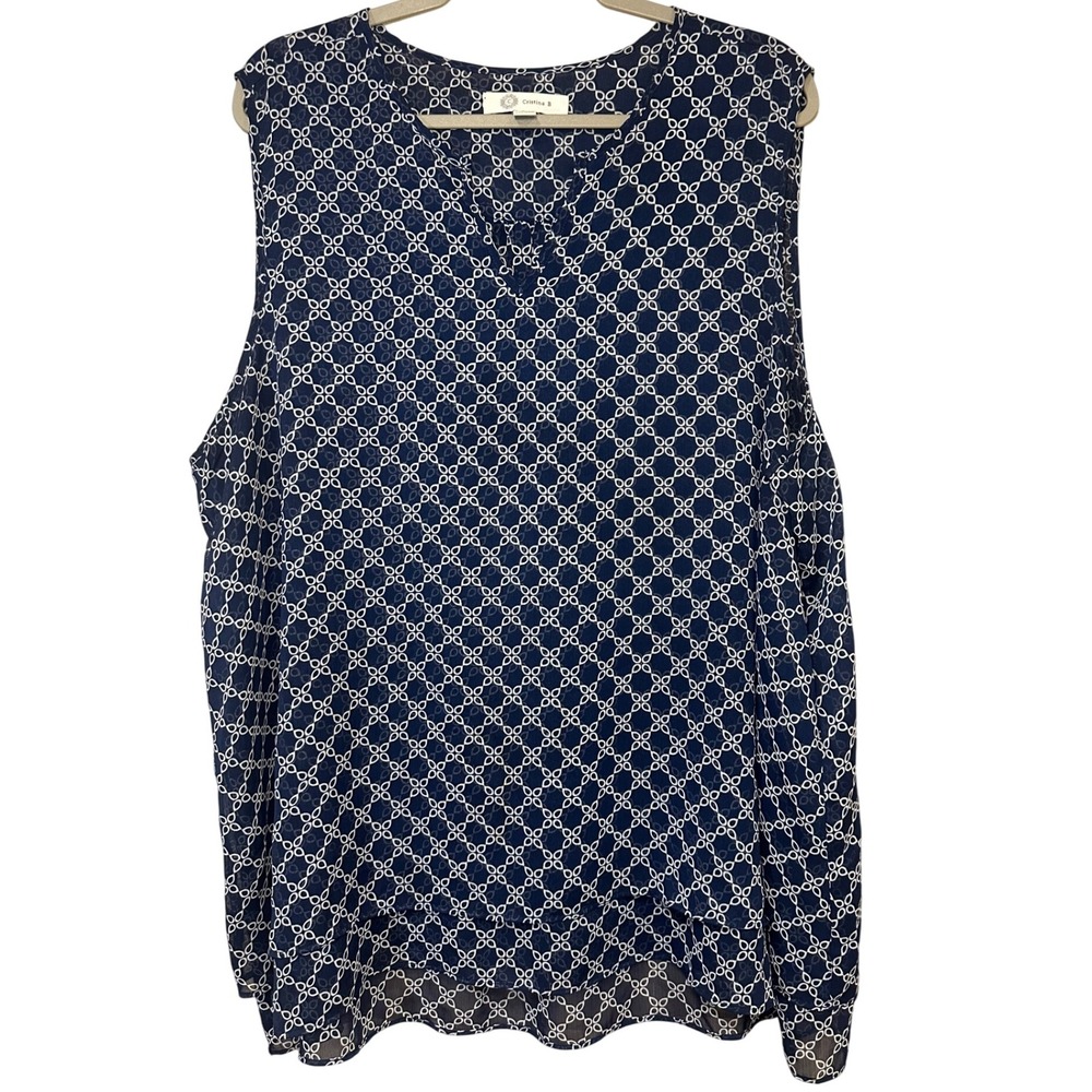 Cristina B XXL Blue Sleeveless Top Geometric Print Blouse Plus‎ Size 2X